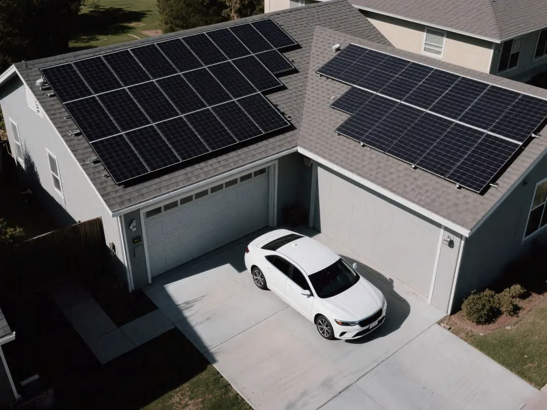 Woning met zonnepanelen op het dak, van bovenaf gezien