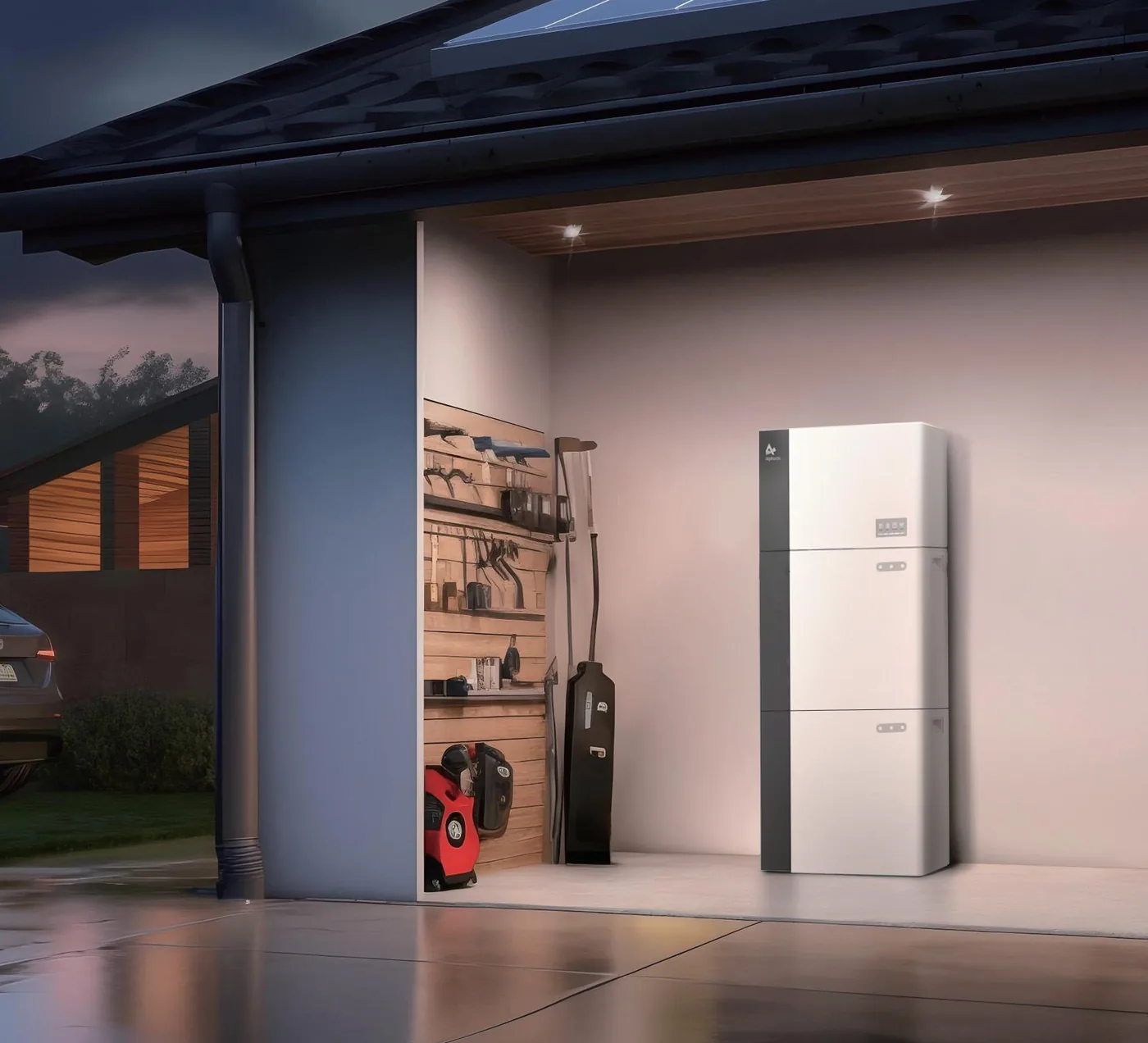 Woning met batterij in de garage bij avond