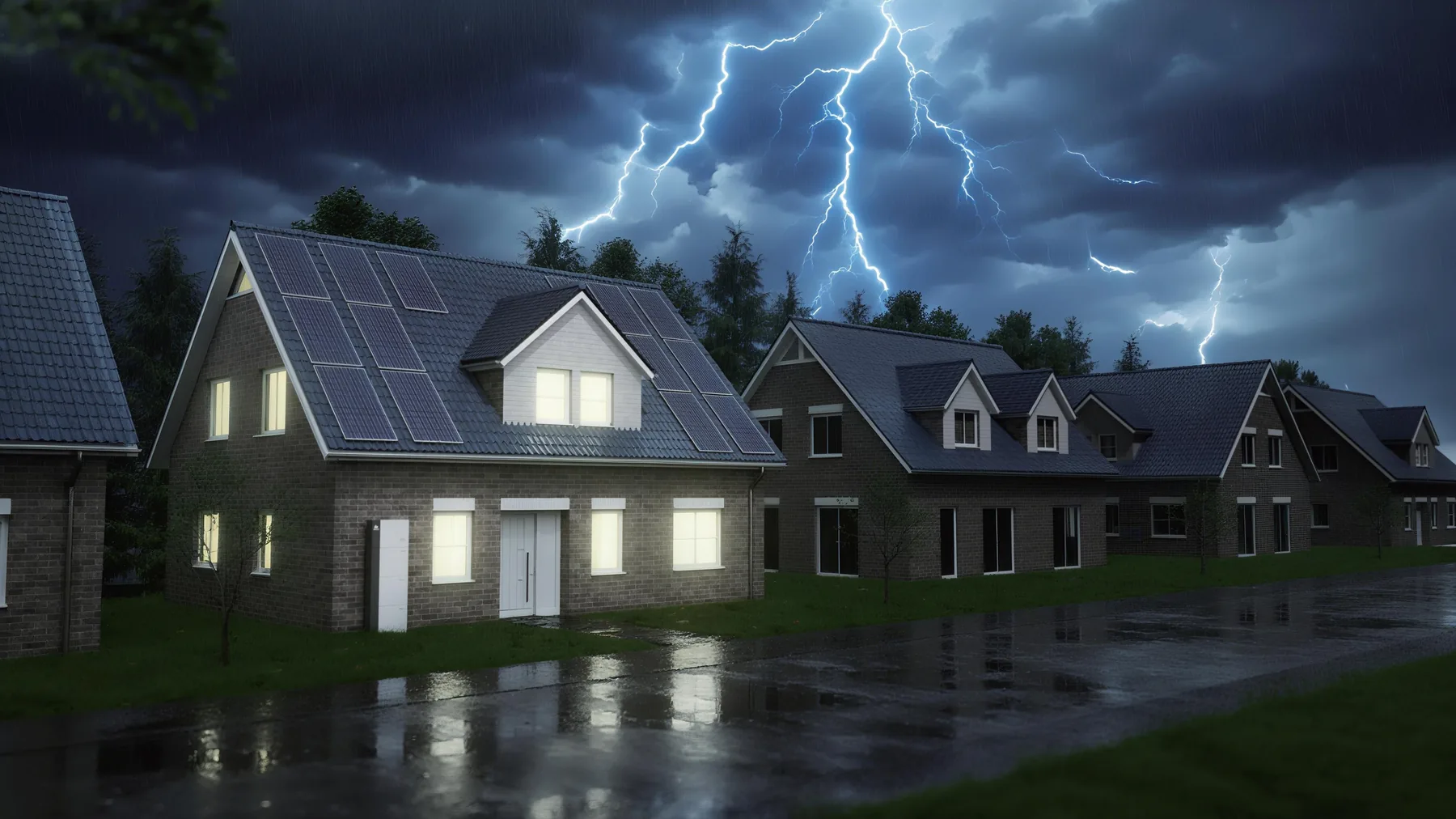 Woningen met licht aan tijdens onweer
