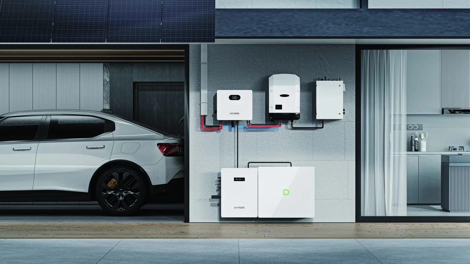 Batterij en omvormer in een garage