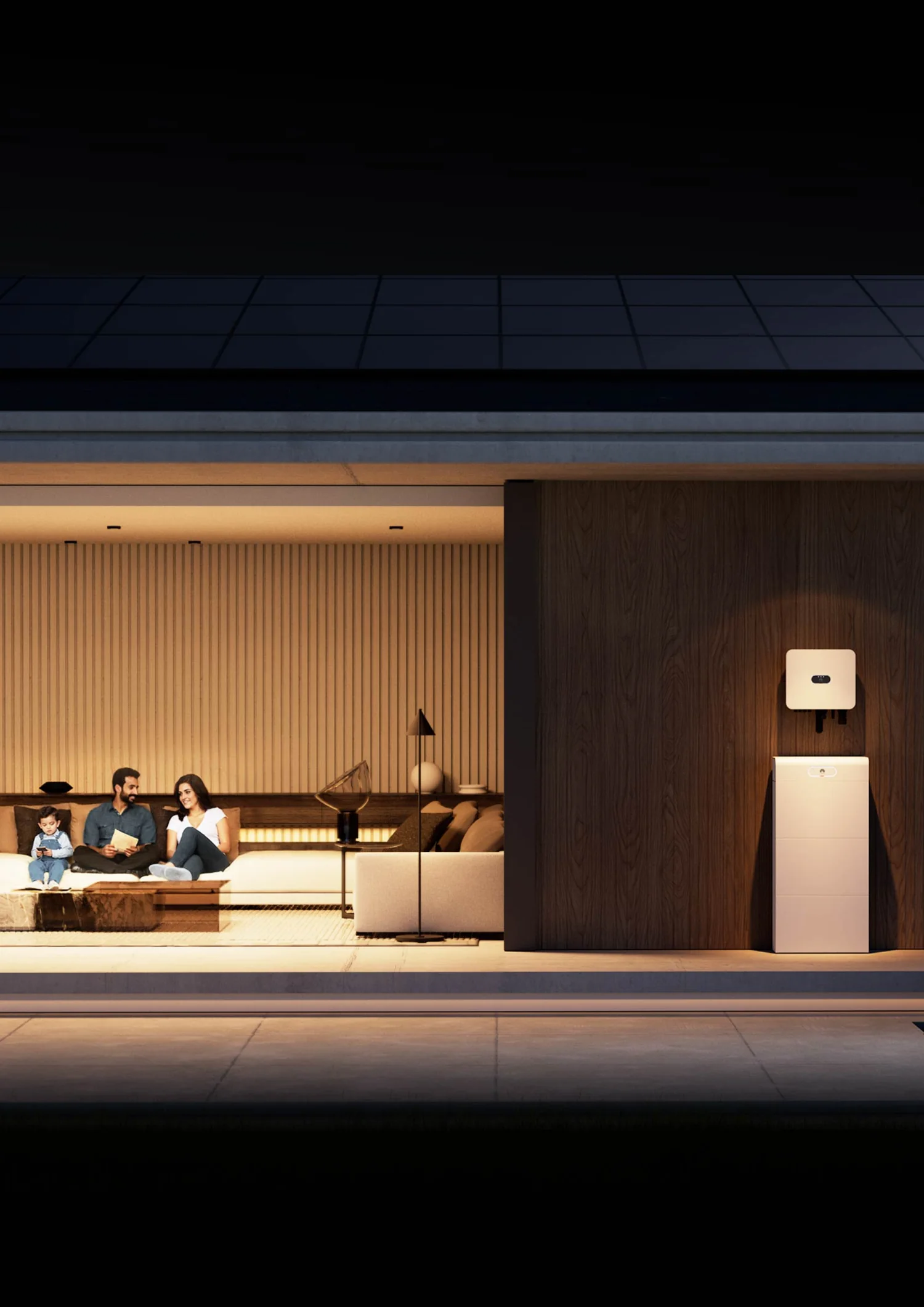 Huawei LUNA2000 S1 thuisbatterij bij een woning in de avond