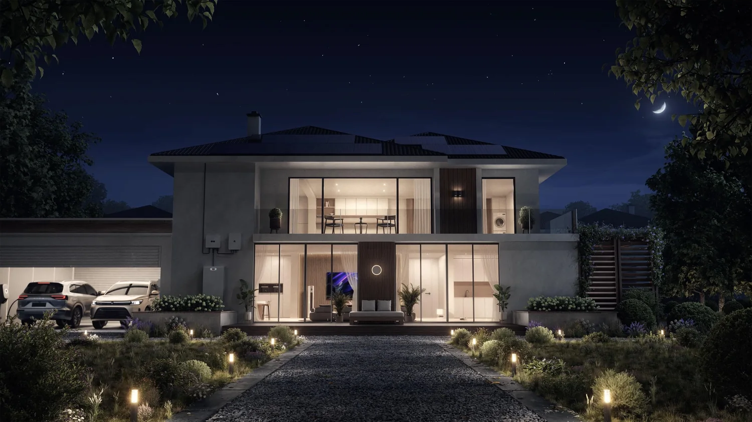 Woning met zonnepanelen en energieopslag in de avond